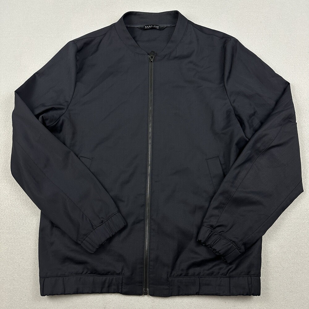 Zara Jacket Men Large Black Solid Full Zip Minimalist Outerwear Wool Blend L